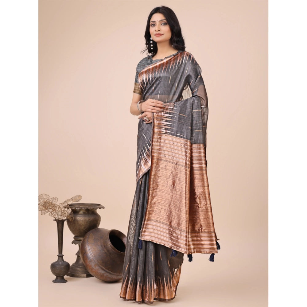 Women'S Linen Cotton Printed Saree With Unstitched Blouse 5.5M