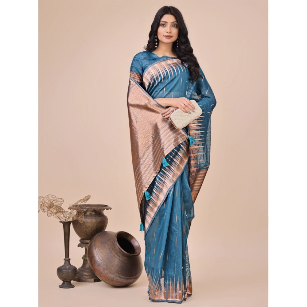 Women'S Linen Cotton Printed Saree With Unstitched Blouse 5.5M