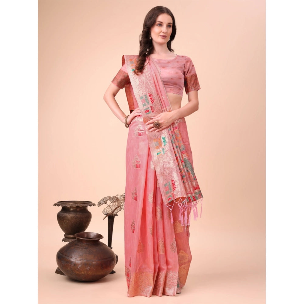 Women'S Linen Cotton Printed Saree With Unstitched Blouse 5.5M