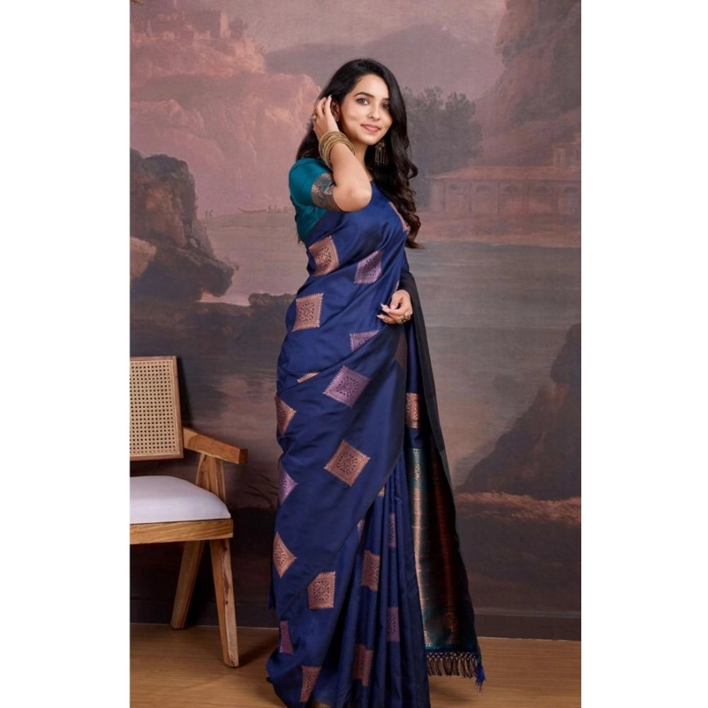 Women'S Silk Printed Saree With Unstitched Blouse 5.5Mtr (Navy