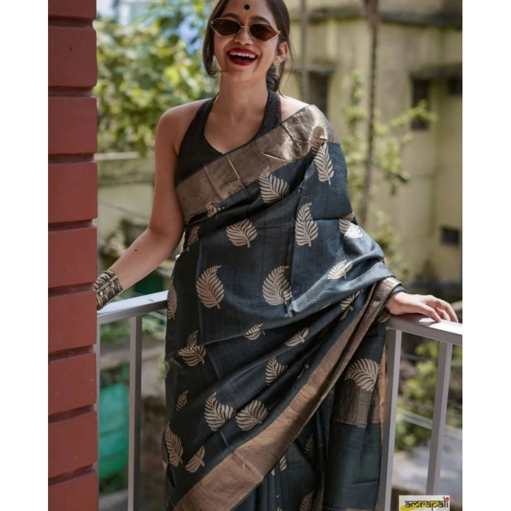 Women'S Silk Printed Saree With Unstitched Blouse 5.5Mtr (Blac