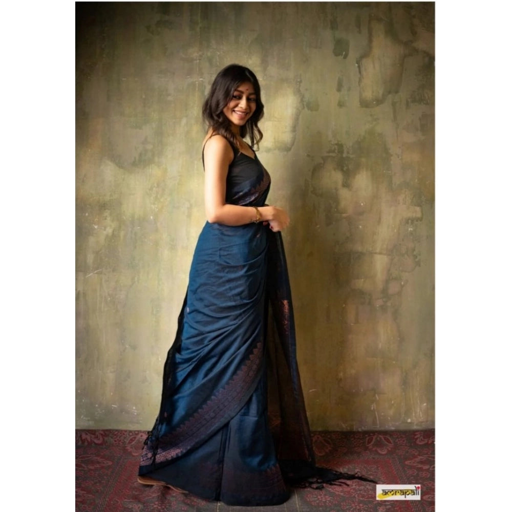 Women'S Silk Printed Saree With Unstitched Blouse 5.5Mtr (Navy