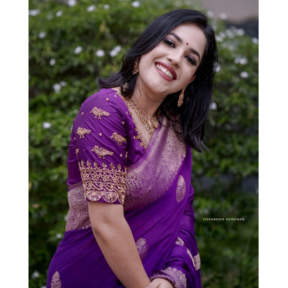 Women'S Silk Printed Saree With Unstitched Blouse 5.5Mtr (Purp