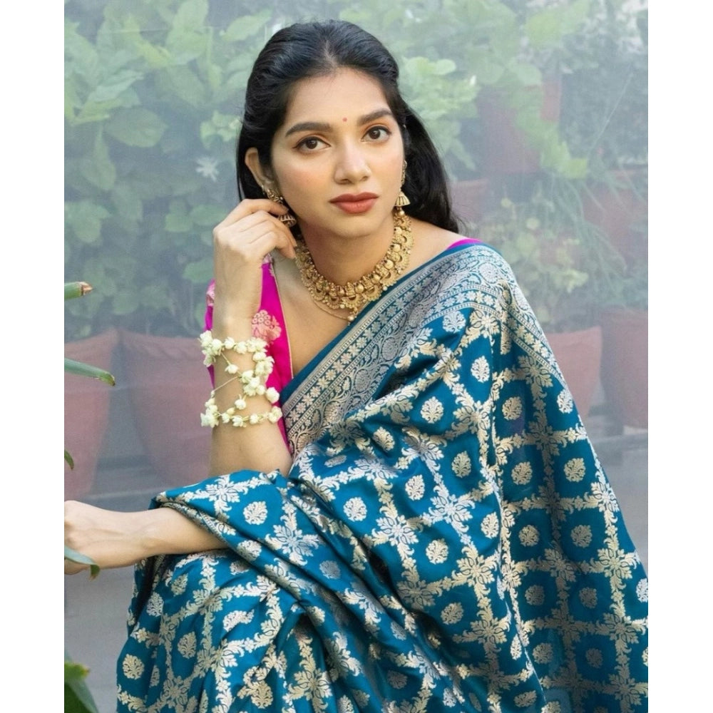 Women'S Silk Printed Saree With Unstitched Blouse 5.5Mtr (Sky