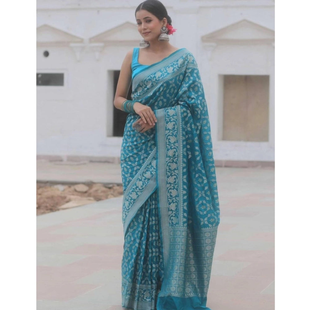 Women'S Silk Printed Saree With Unstitched Blouse 5.5Mtr (Sky