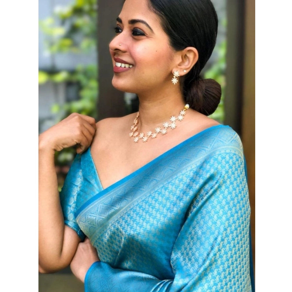 Women'S Silk Printed Saree With Unstitched Blouse 5.5Mtr (Sky