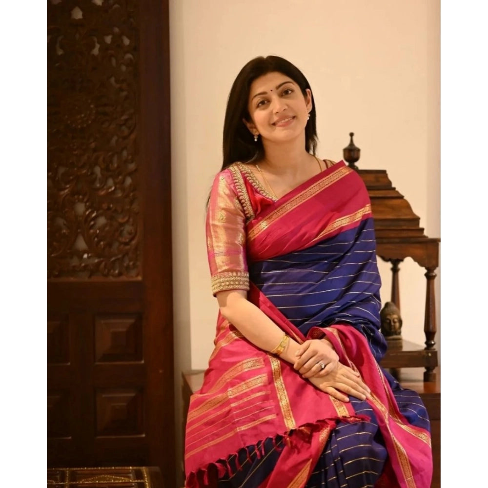 Women'S Silk Printed Saree With Unstitched Blouse 5.5Mtr (Navy