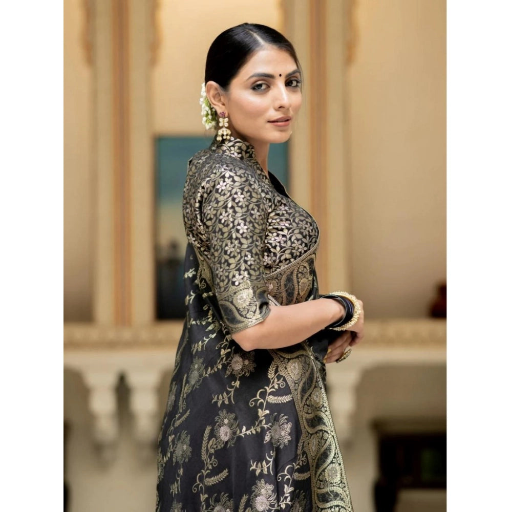 Women'S Silk Printed Saree With Unstitched Blouse 5.5Mtr (Blac