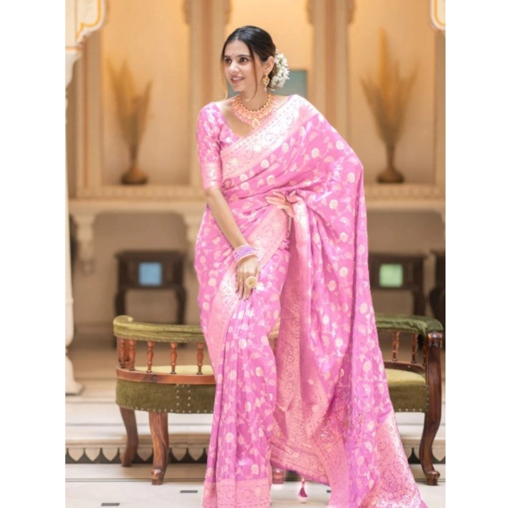 Women'S Silk Printed Saree With Unstitched Blouse 5.5Mtr (Pink