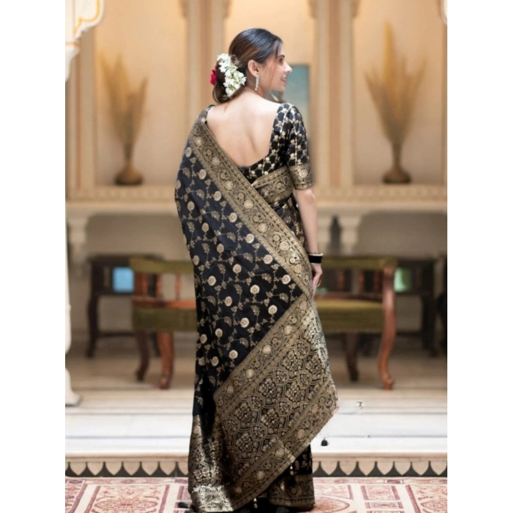 Women'S Silk Printed Saree With Unstitched Blouse 5.5Mtr (Blac