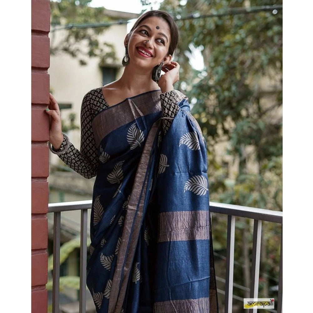 Women'S Silk Printed Saree With Unstitched Blouse 5.5Mtr (Navy