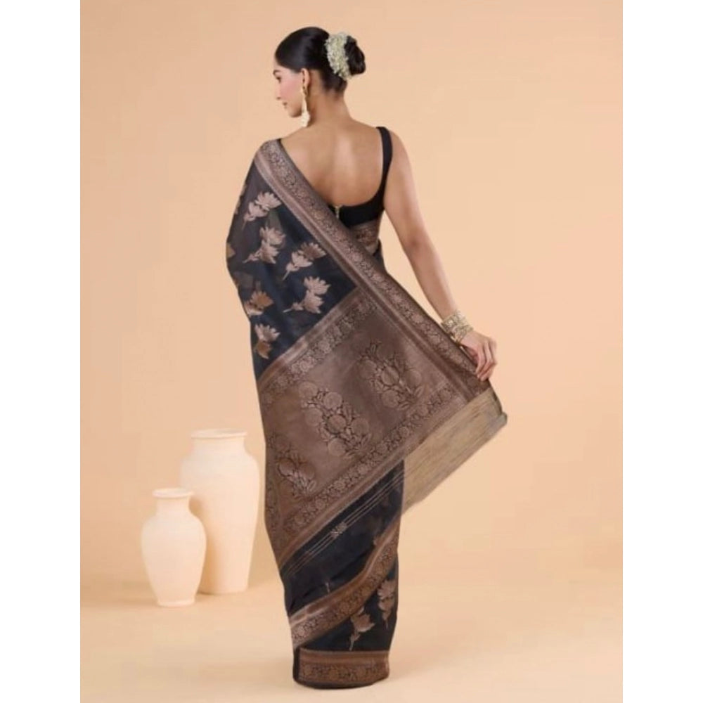 Women'S Silk Printed Saree With Unstitched Blouse 5.5Mtr (Blac
