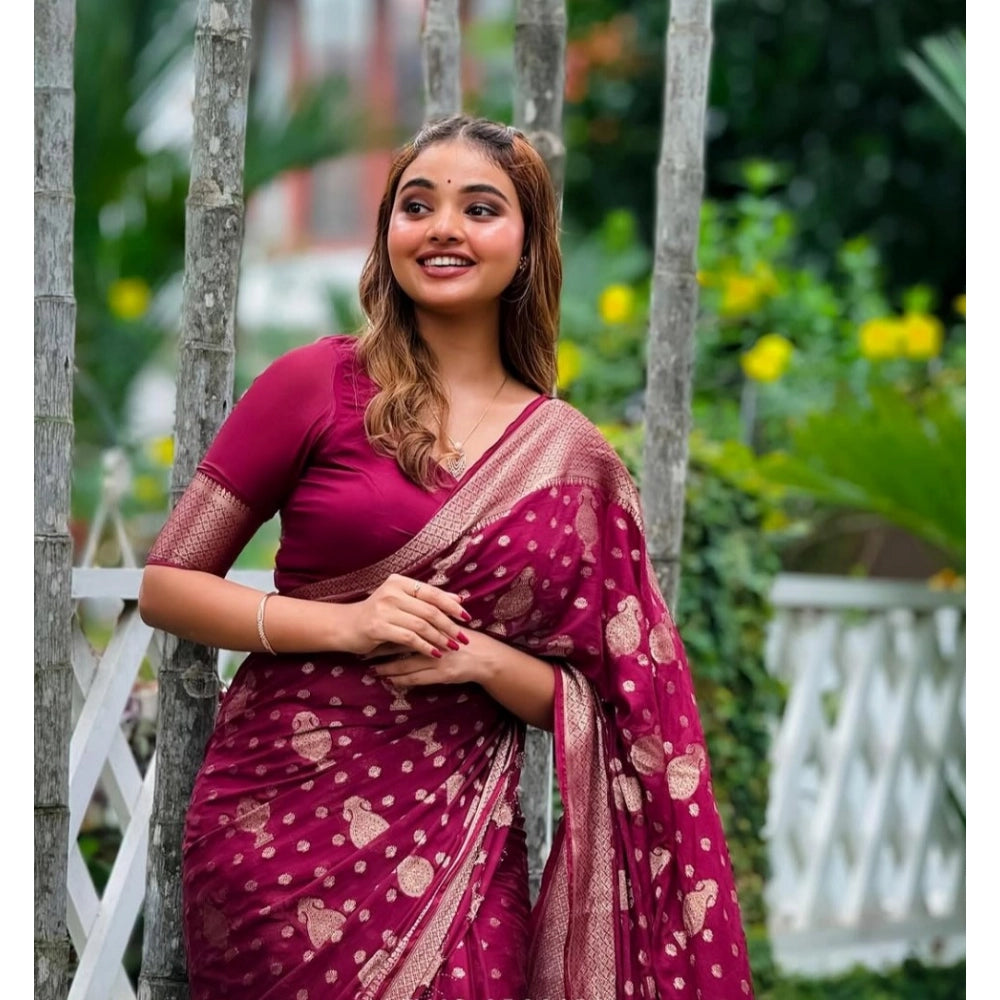Women'S Silk Printed Saree With Unstitched Blouse 5.5Mtr (Wine