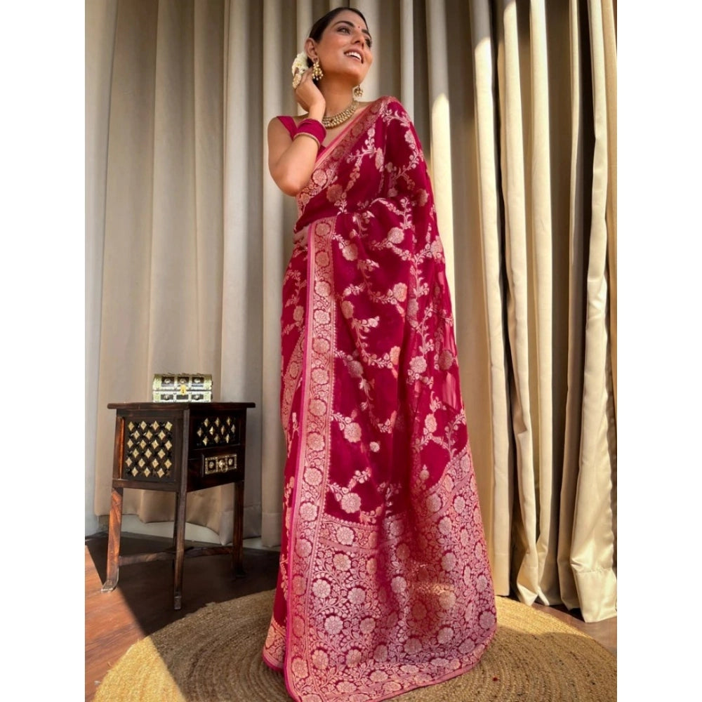 Women'S Silk Printed Saree With Unstitched Blouse 5.5Mtr (Pink