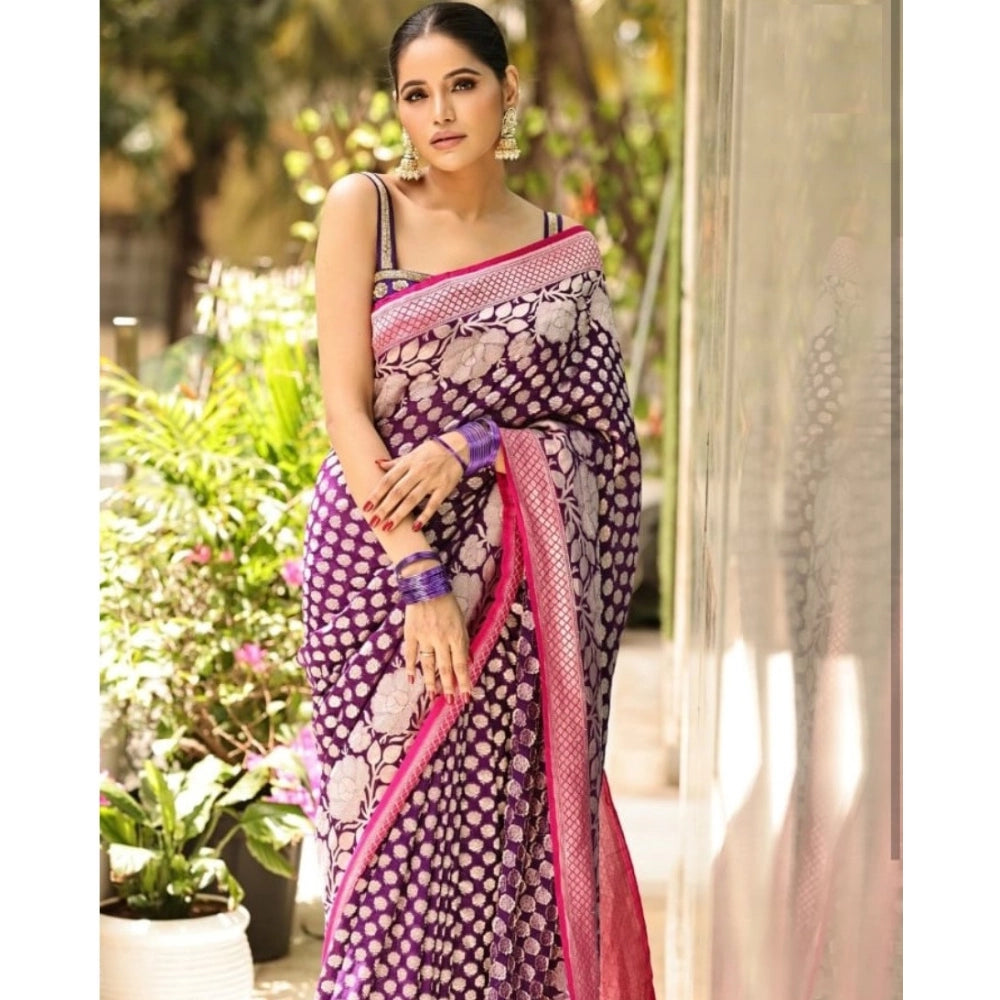 Women'S Silk Printed Saree With Unstitched Blouse 5.5Mtr (Purp