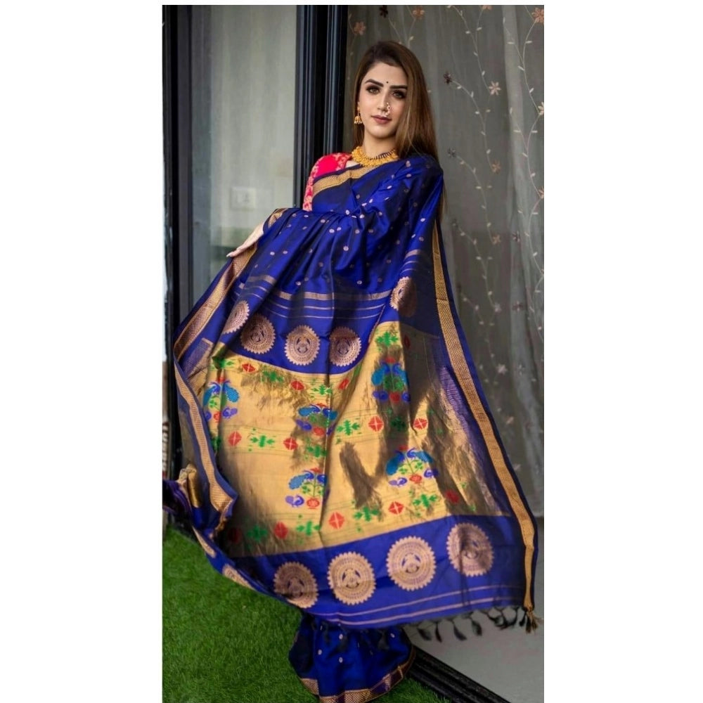 Women'S Silk Printed Saree With Unstitched Blouse 5.5Mtr (Blue