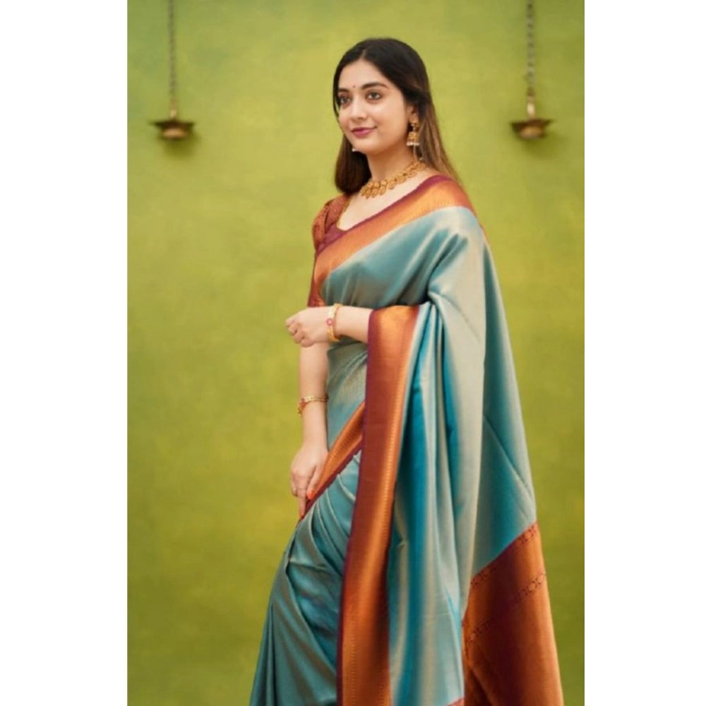 Women'S Silk Printed Saree With Unstitched Blouse 5.5Mtr (Rama