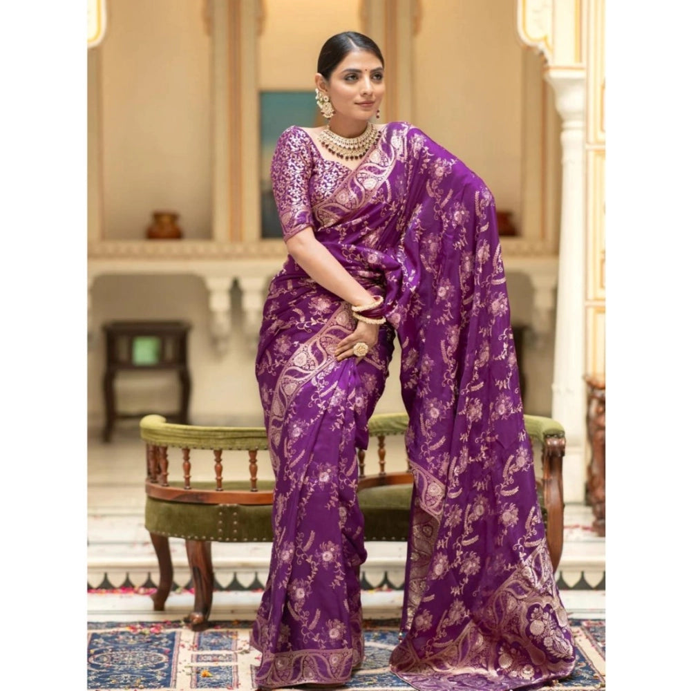 Women'S Silk Printed Saree With Unstitched Blouse 5.5Mtr (Purp