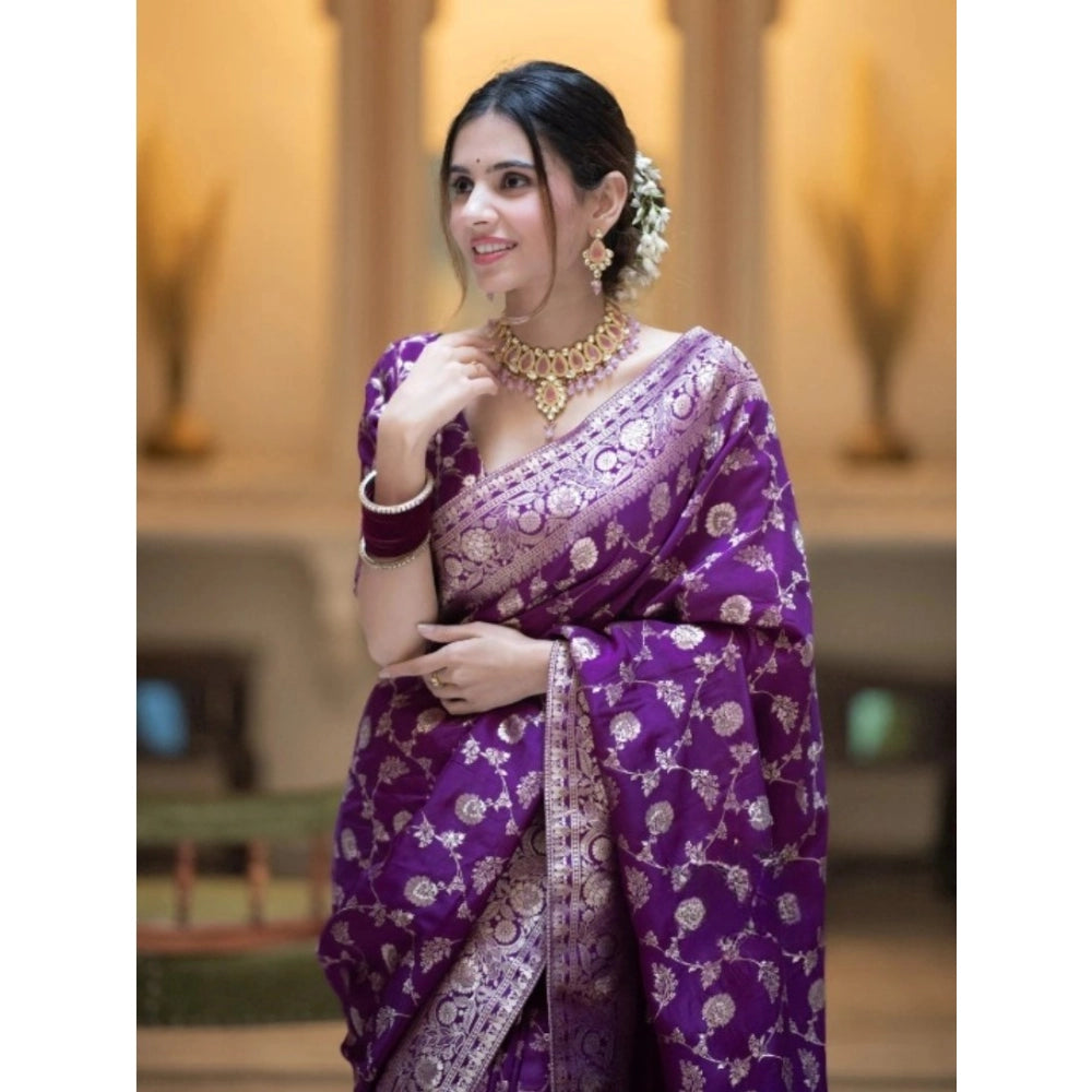 Women'S Silk Printed Saree With Unstitched Blouse 5.5Mtr (Purp