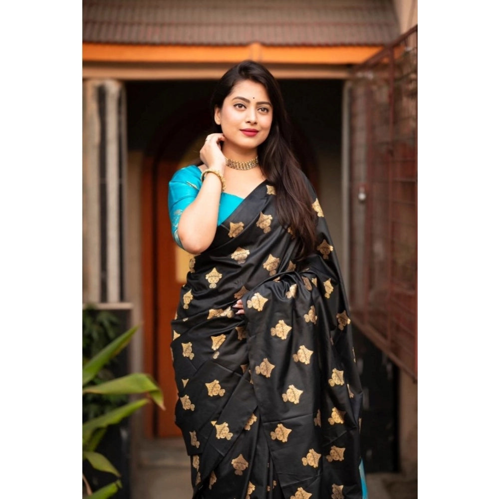Women'S Silk Printed Saree With Unstitched Blouse 5.5Mtr (Sky