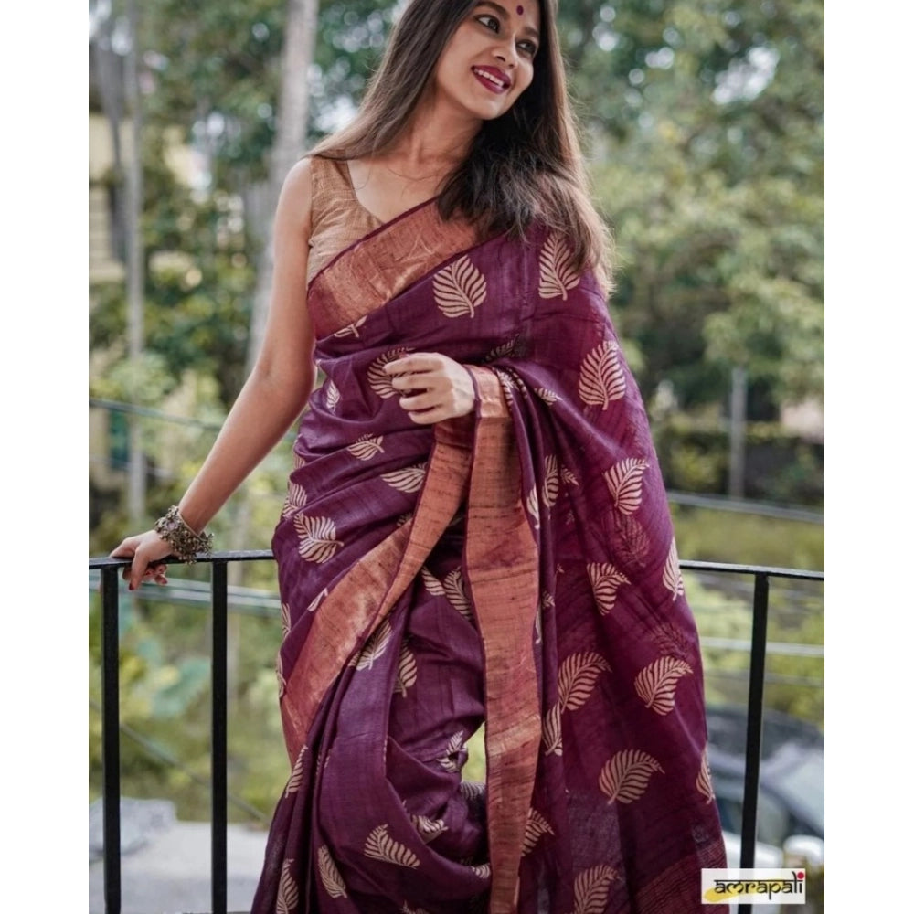 Women'S Silk Printed Saree With Unstitched Blouse 5.5Mtr (Purp