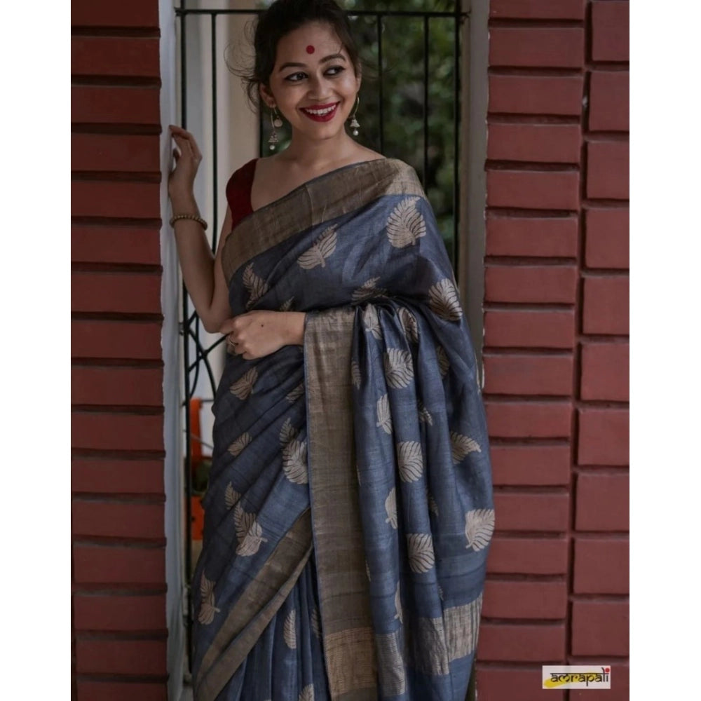 Women'S Silk Printed Saree With Unstitched Blouse 5.5Mtr (Grey
