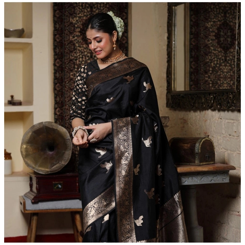 Women'S Silk Printed Saree With Unstitched Blouse 5.5Mtr (Blac