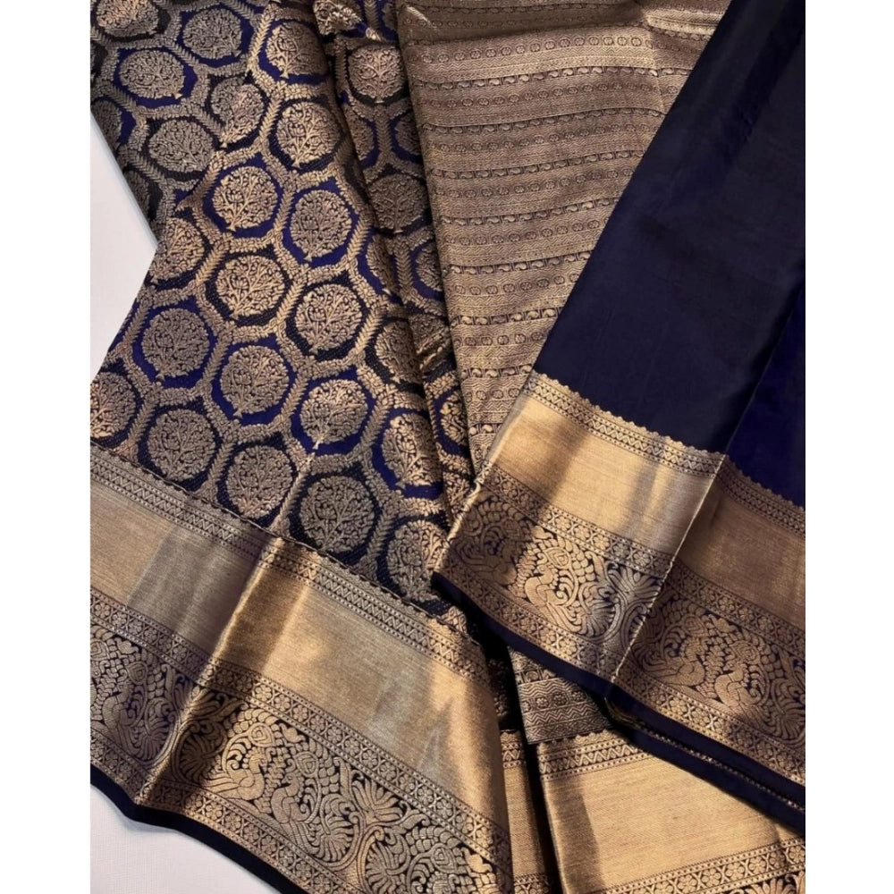 Women'S Silk Printed Saree With Unstitched Blouse 5.5Mtr (Navy