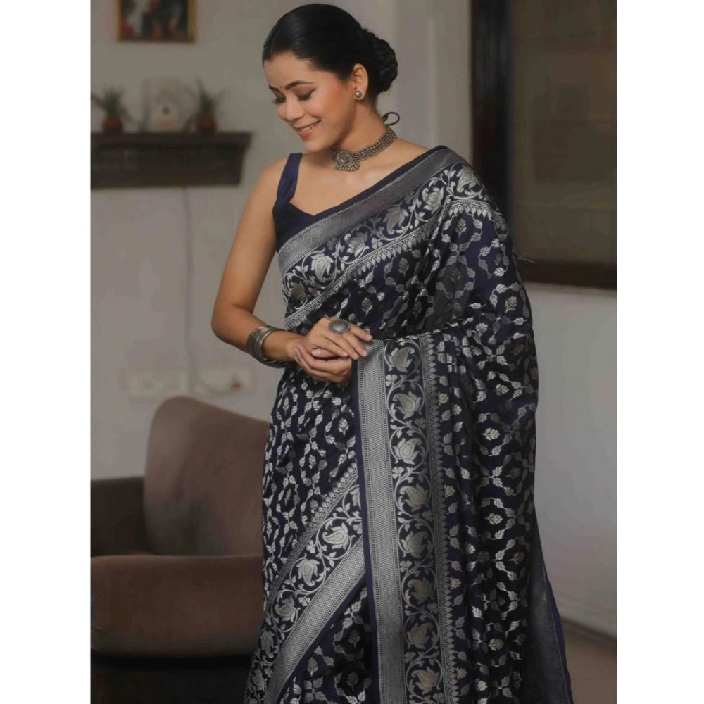Women'S Silk Printed Saree With Unstitched Blouse 5.5Mtr (Navy