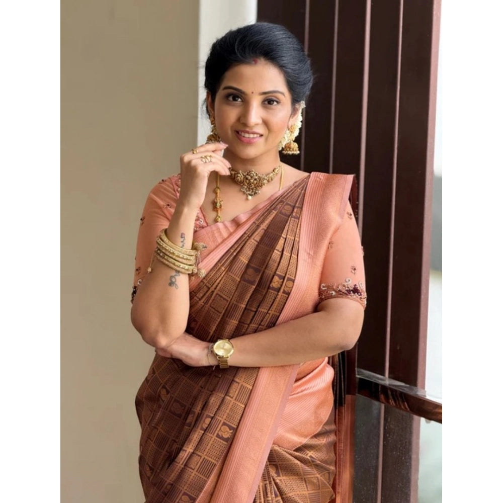 Women'S Silk Printed Saree With Unstitched Blouse 5.5Mtr (Brow