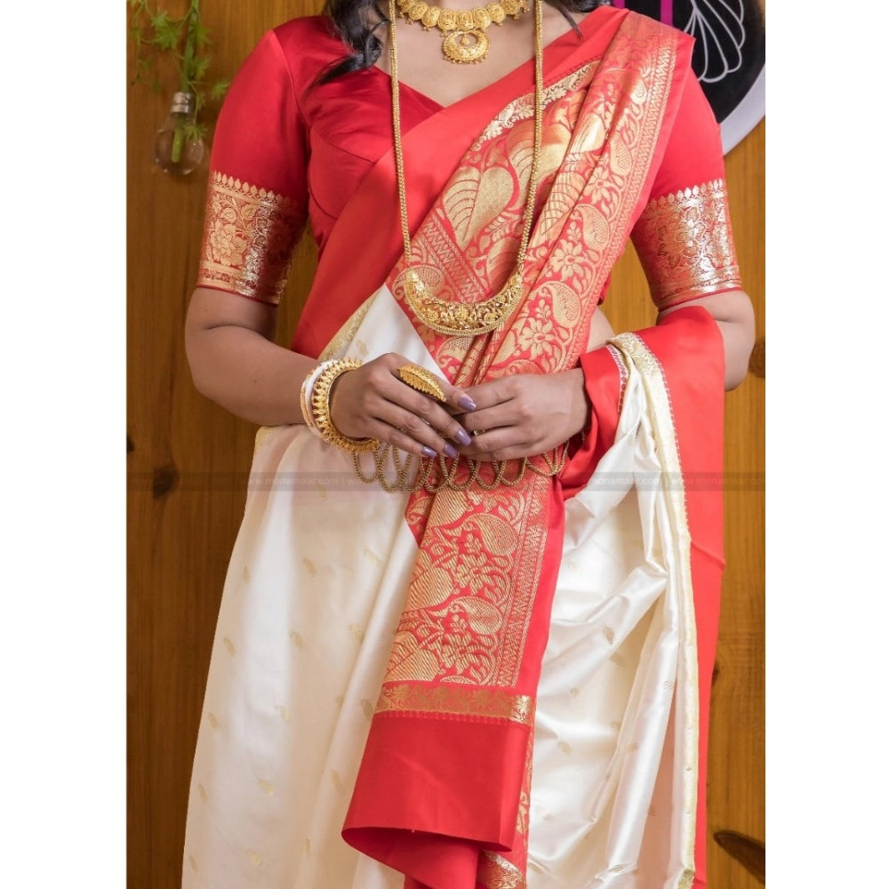 Women's Silk Printed Saree With Unstitched Blouse 5.5Mtr (White-Red) - VANSHELLE