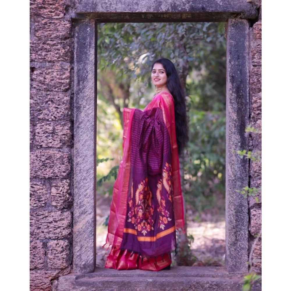 Women'S Silk Printed Saree With Unstitched Blouse 5.5Mtr (Purp