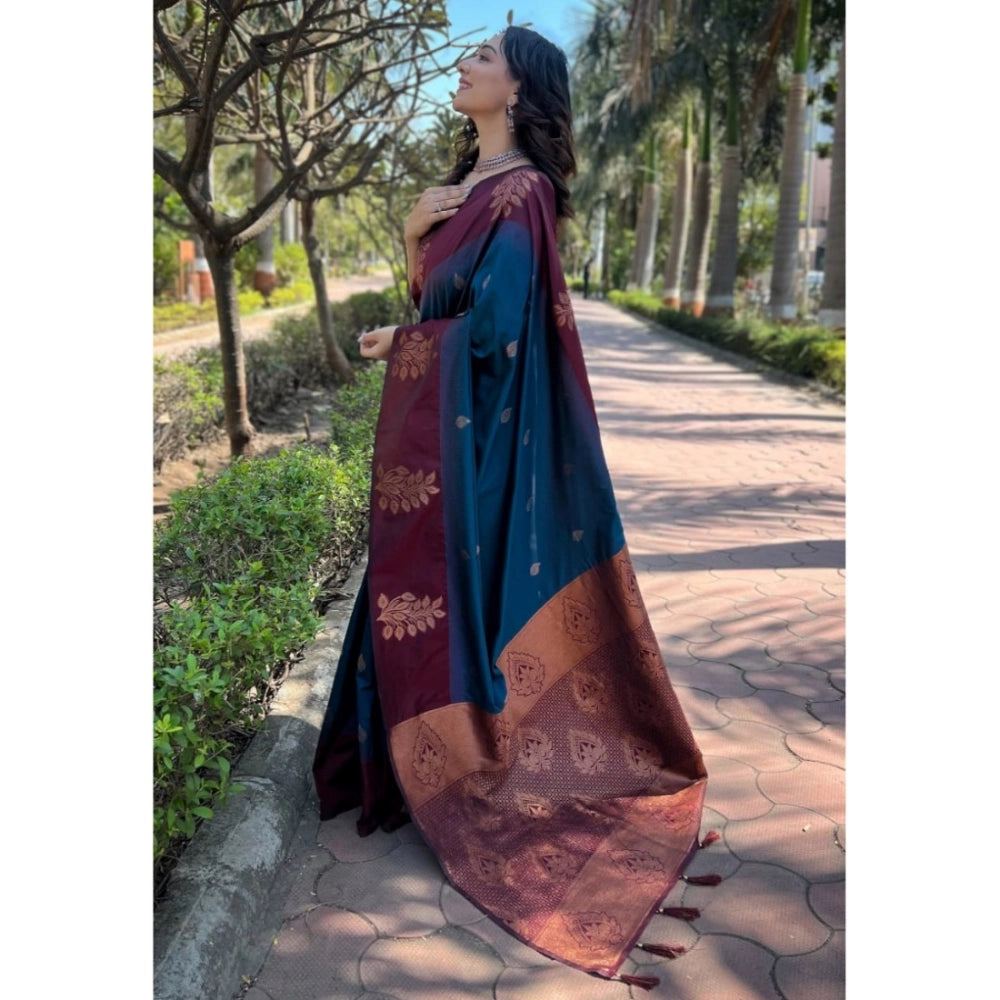 Women'S Silk Printed Saree With Unstitched Blouse 5.5Mtr (Blue
