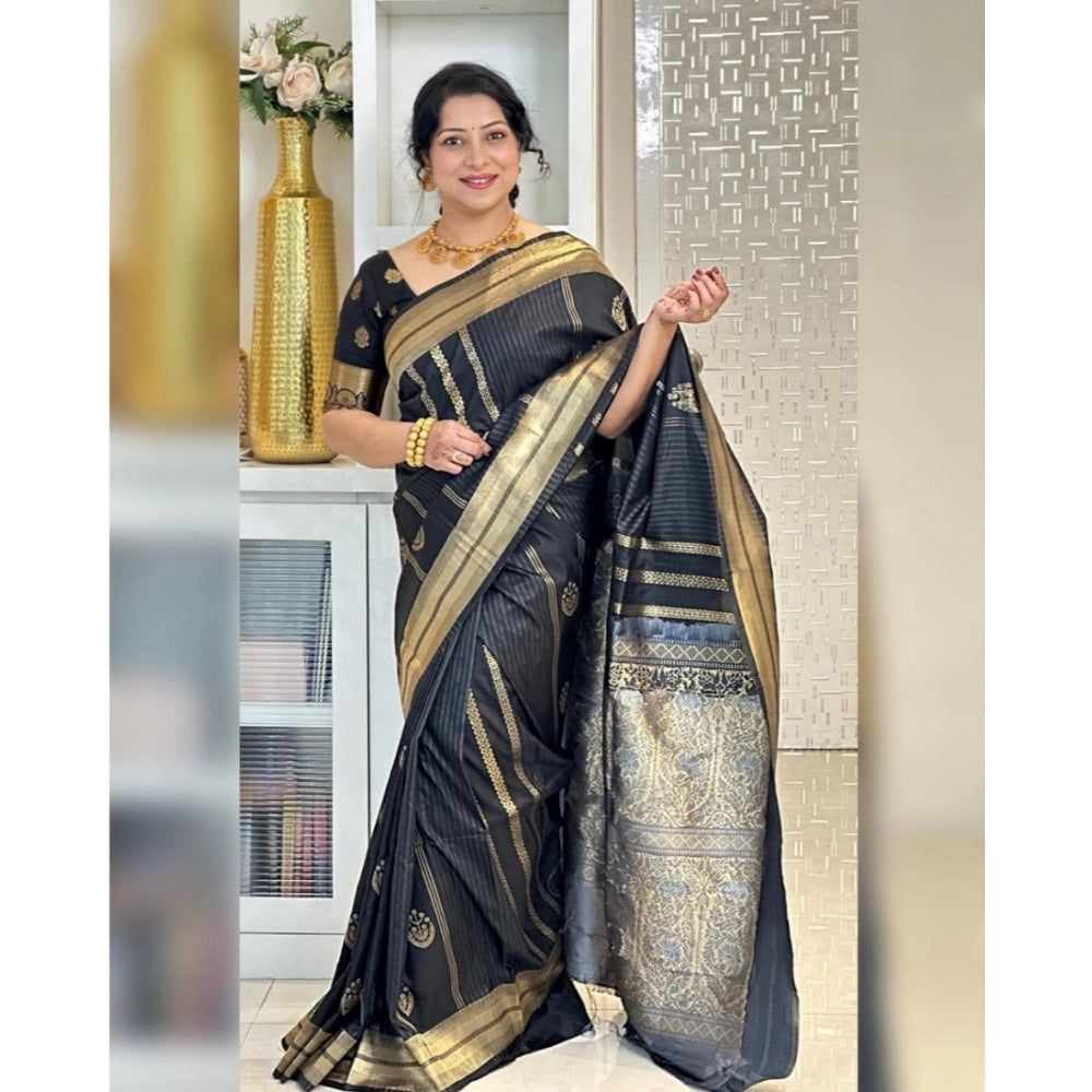 Women'S Silk Printed Saree With Unstitched Blouse 5.5Mtr (Blac
