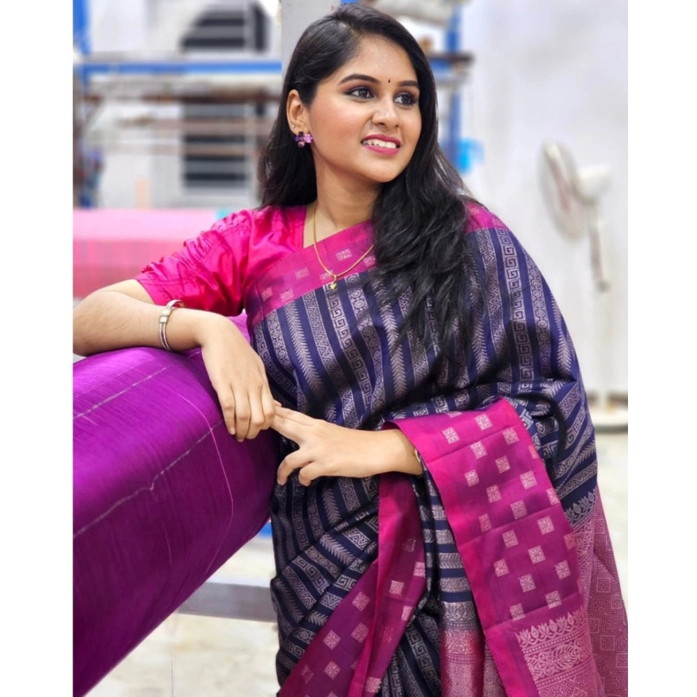 Women'S Silk Printed Saree With Unstitched Blouse 5.5Mtr (Navy