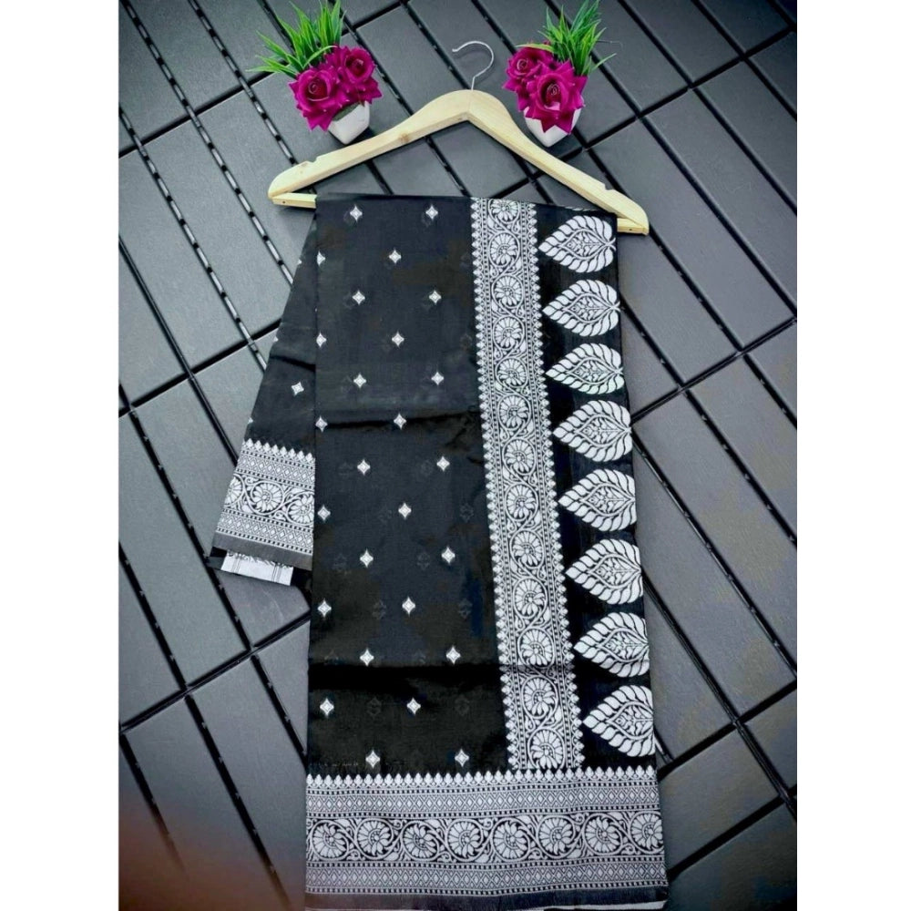 Women's Silk Printed Saree With Unstitched Blouse 5.5Mtr (Black) - VANSHELLE