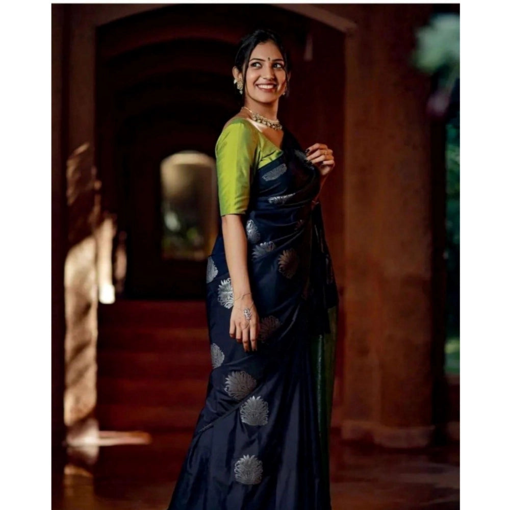 Women'S Silk Printed Saree With Unstitched Blouse 5.5Mtr (Navy