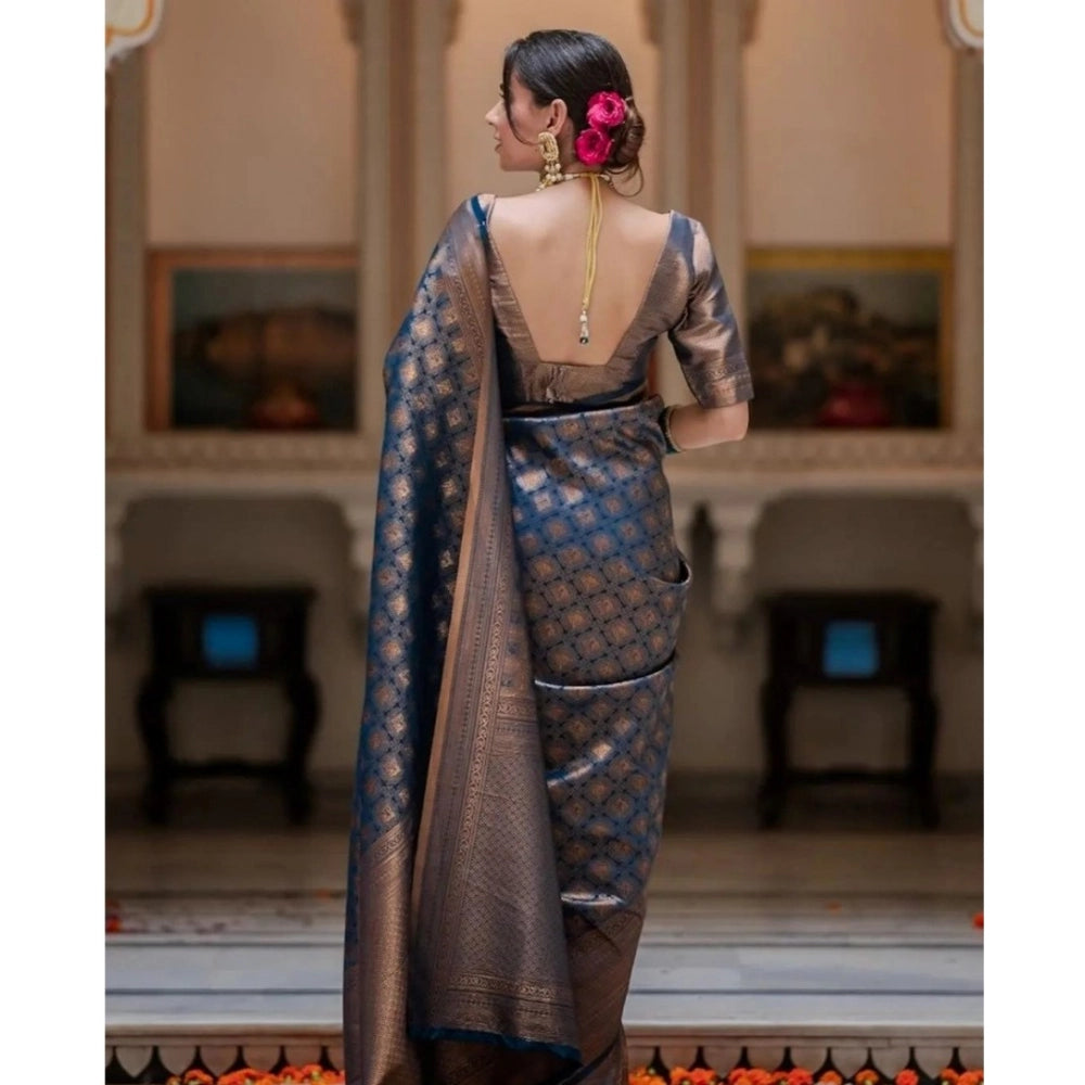 Women'S Silk Printed Saree With Unstitched Blouse 5.5Mtr (Blue