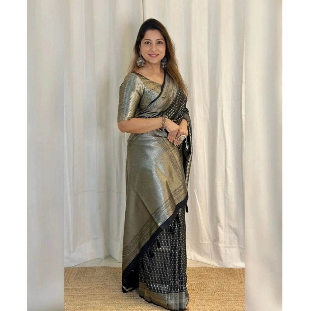 Women'S Silk Printed Saree With Unstitched Blouse 5.5Mtr (Blac