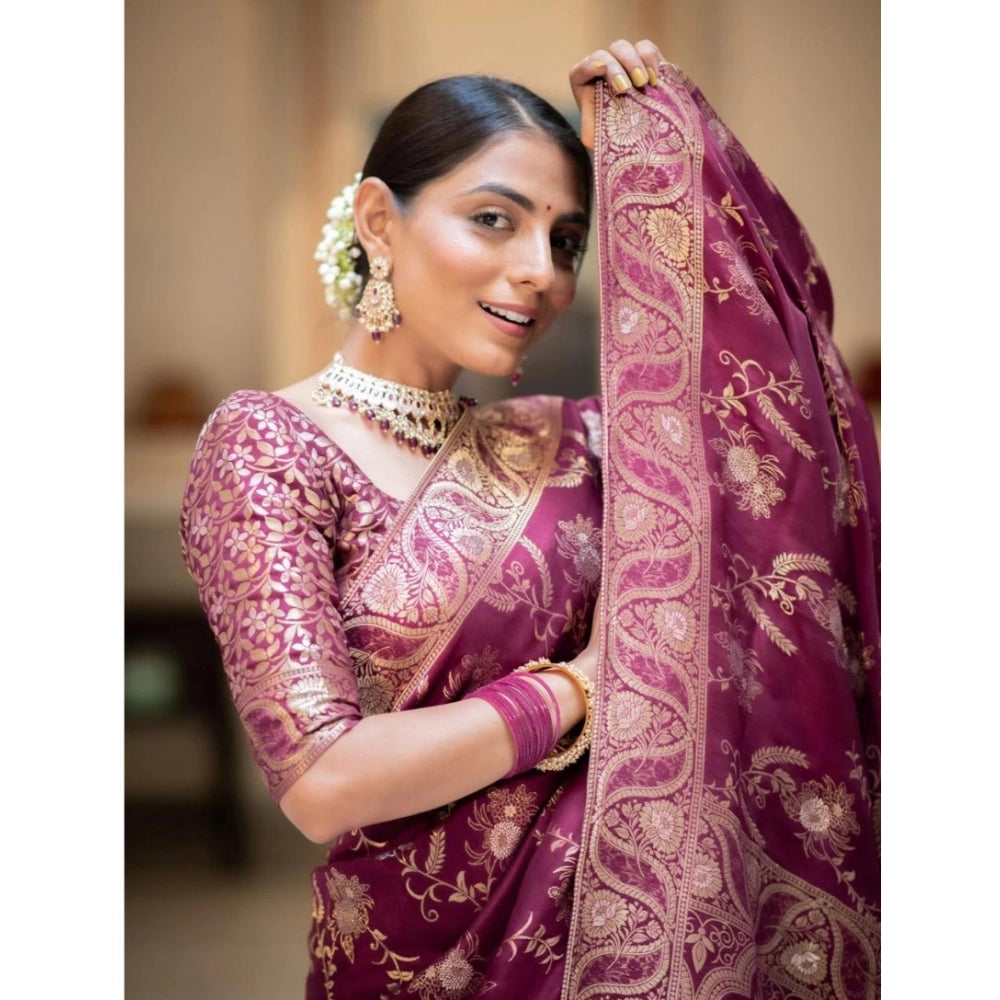 Women'S Silk Printed Saree With Unstitched Blouse 5.5Mtr (Wine