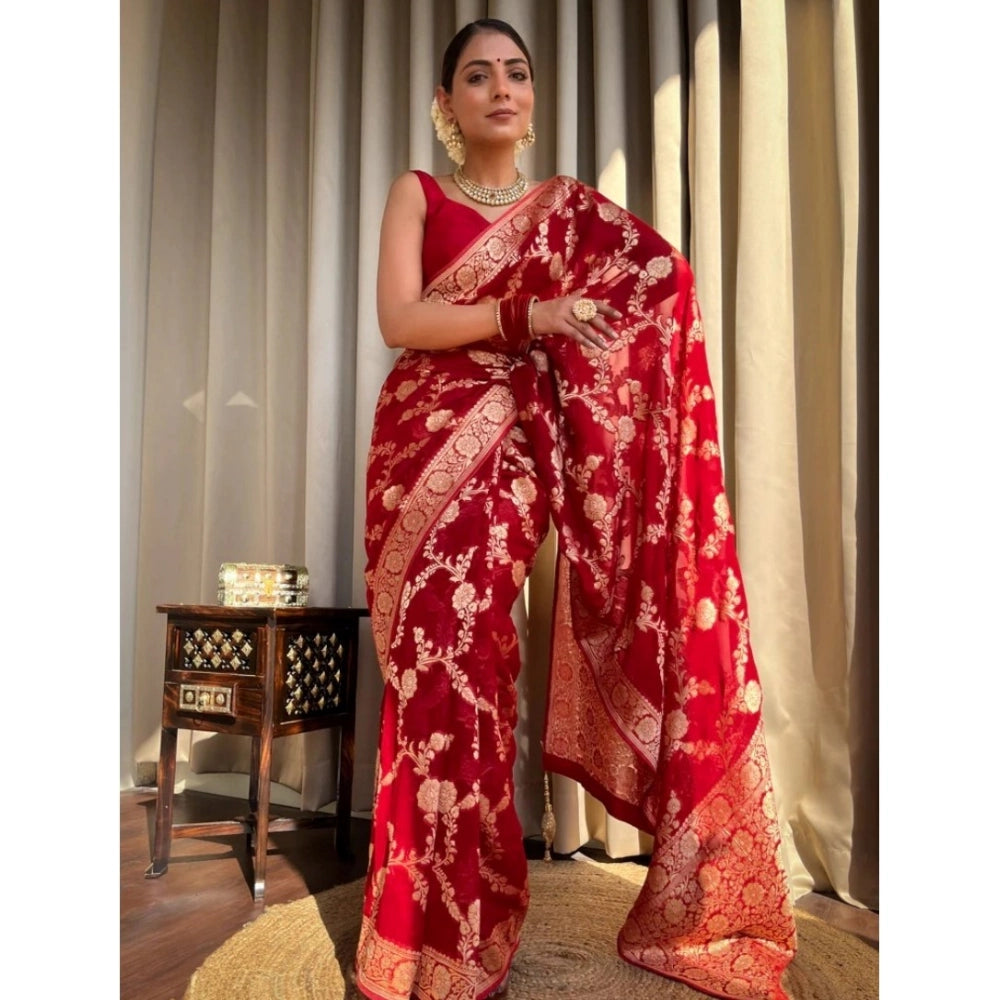 Women'S Silk Printed Saree With Unstitched Blouse 5.5Mtr (Red)
