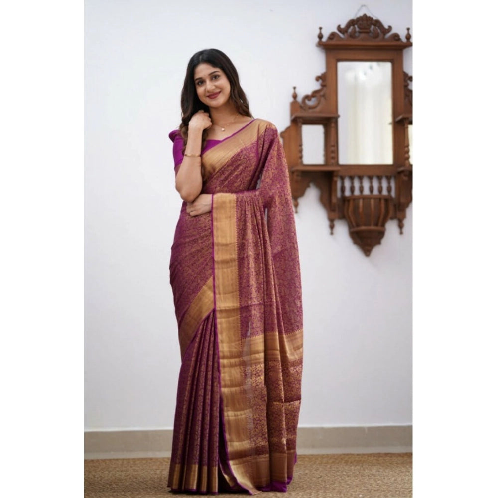 Women'S Silk Printed Saree With Unstitched Blouse 5.5Mtr (Wine