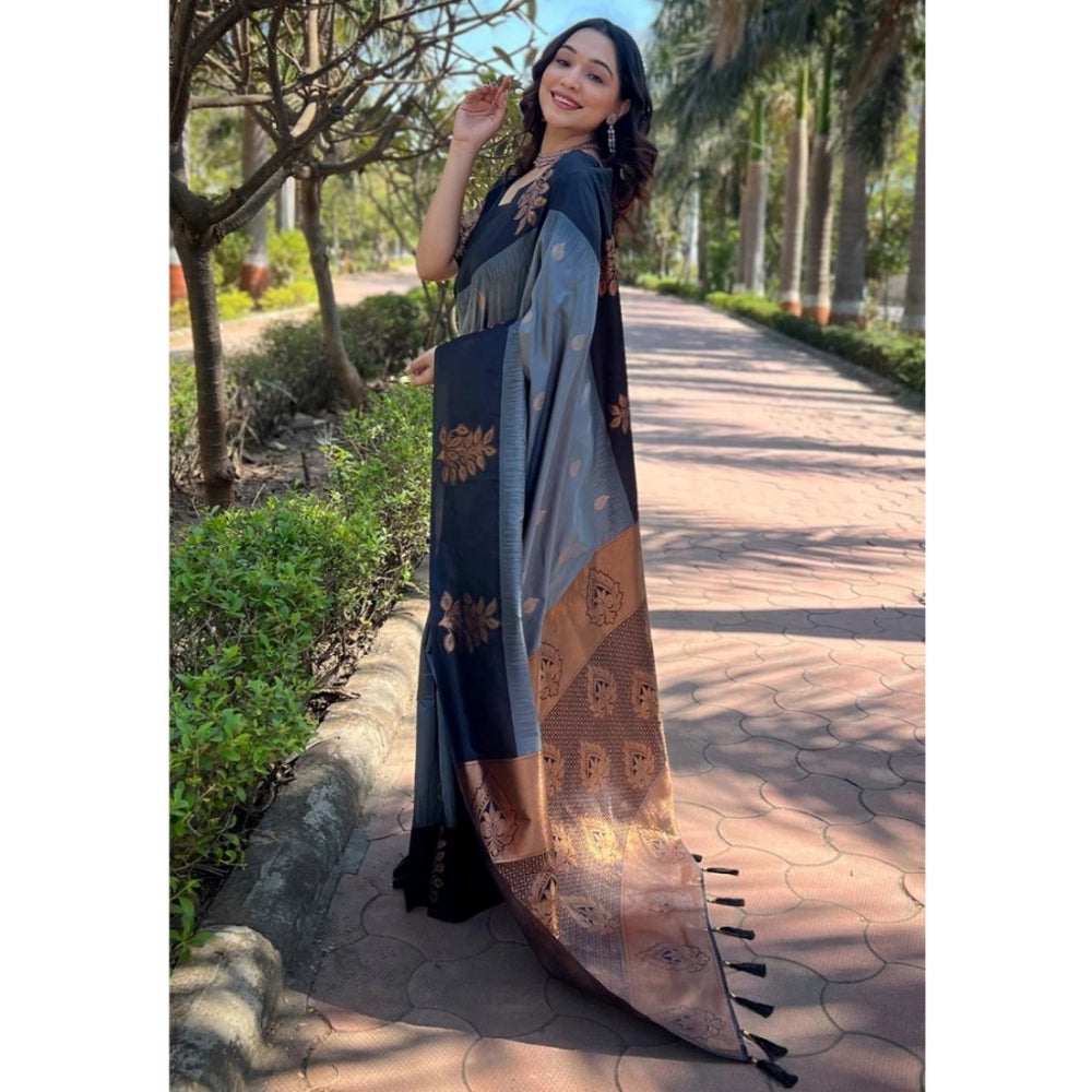 Women'S Silk Printed Saree With Unstitched Blouse 5.5Mtr (Grey