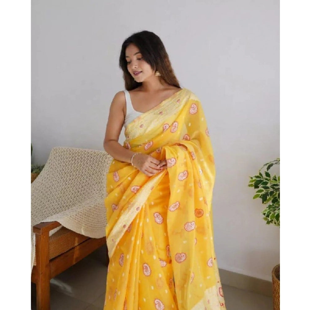 Women'S Cotton Printed Saree With Unstitched Blouse 5.5Mtr (Ye