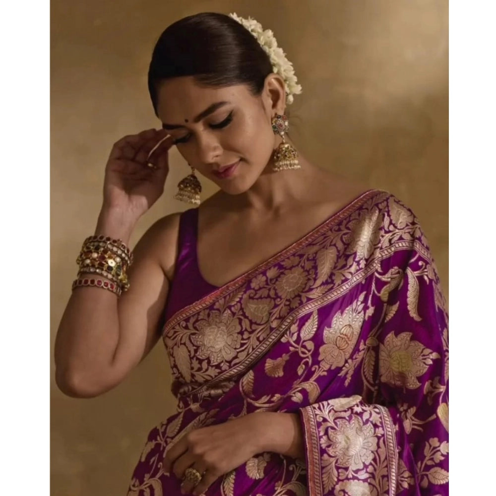 Women'S Silk Printed Saree With Unstitched Blouse 5.5Mtr (Purp