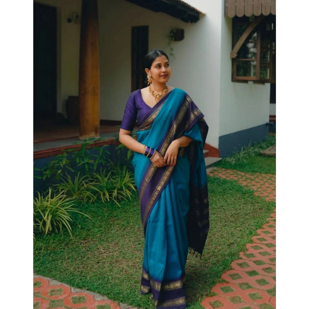 Women'S Silk Printed Saree With Unstitched Blouse 5.5Mtr (Blue