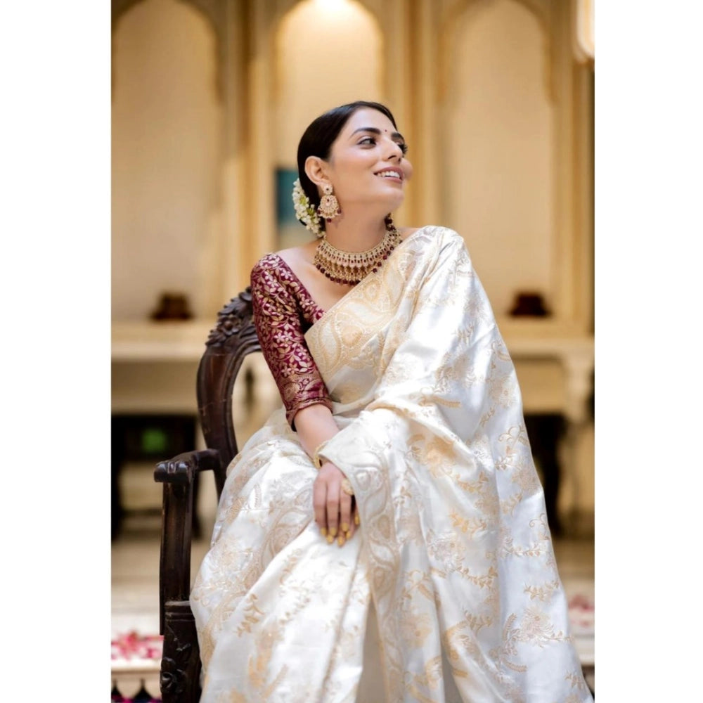 Women'S Silk Printed Saree With Unstitched Blouse 5.5Mtr (Whit