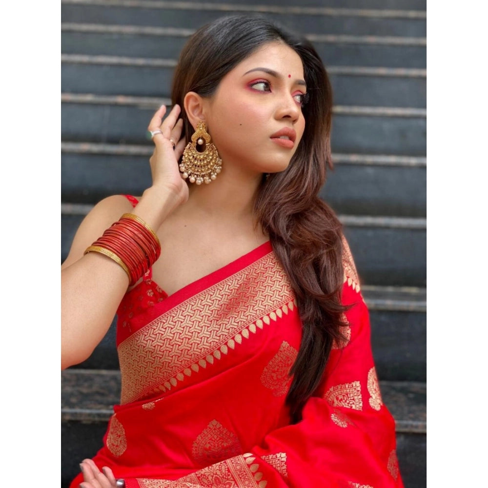 Women's Silk Printed Saree With Unstitched Blouse 5.5Mtr (Red) - VANSHELLE