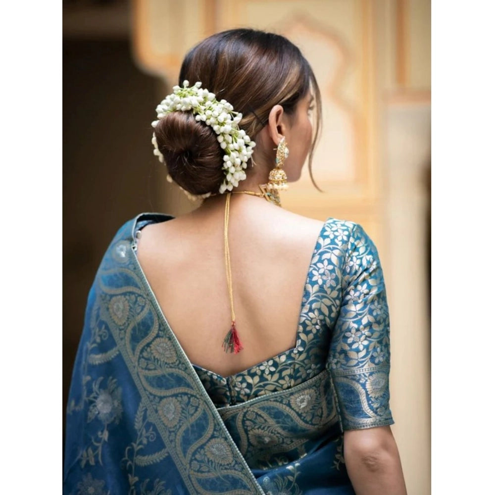 Women'S Silk Printed Saree With Unstitched Blouse 5.5Mtr (Teal