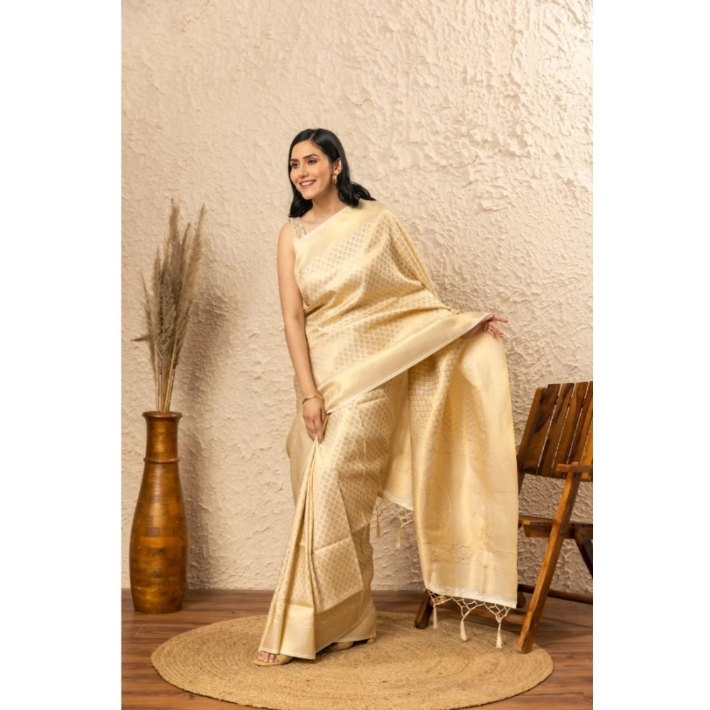 Women'S Silk Printed Saree With Unstitched Blouse 5.5Mtr (Gold